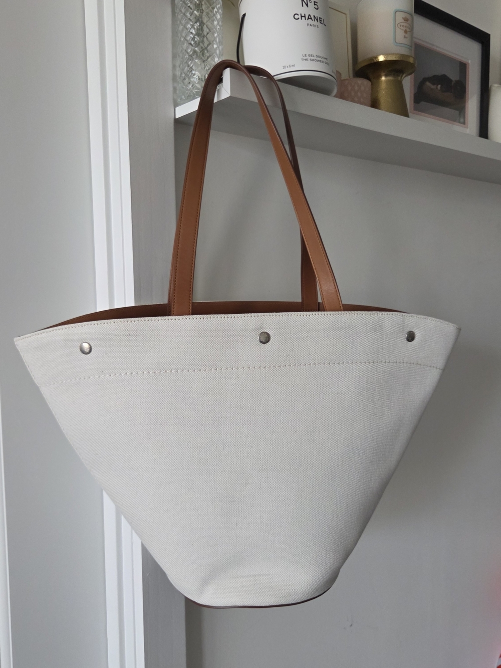Saint Laurent Rive Gauche White Canvas Tote with Brown Leather Handles - Picture 2 of 14